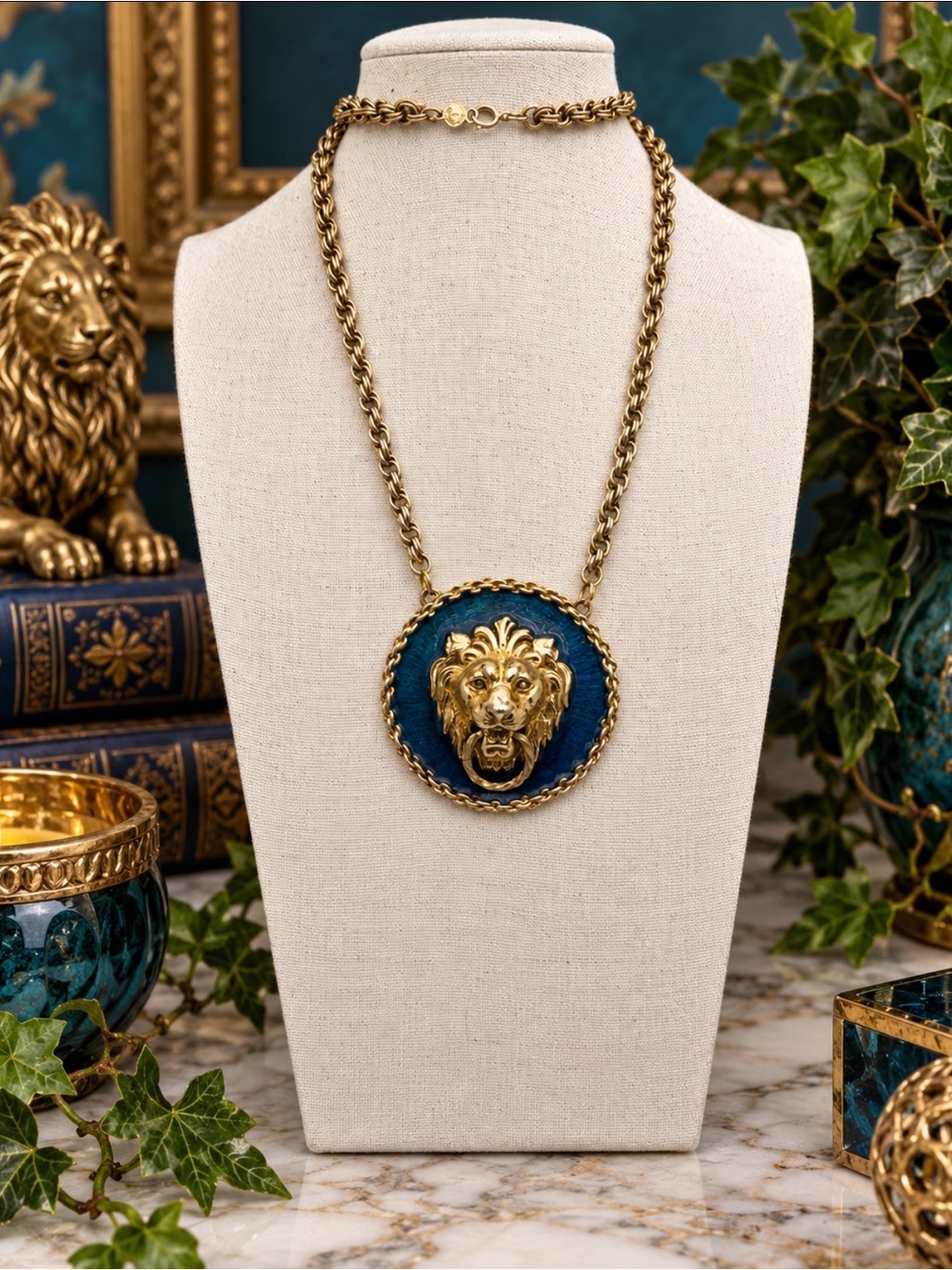 ACCESSOCRAFT Vintage Lion Head Blue Enamel Medallion Statement Necklace